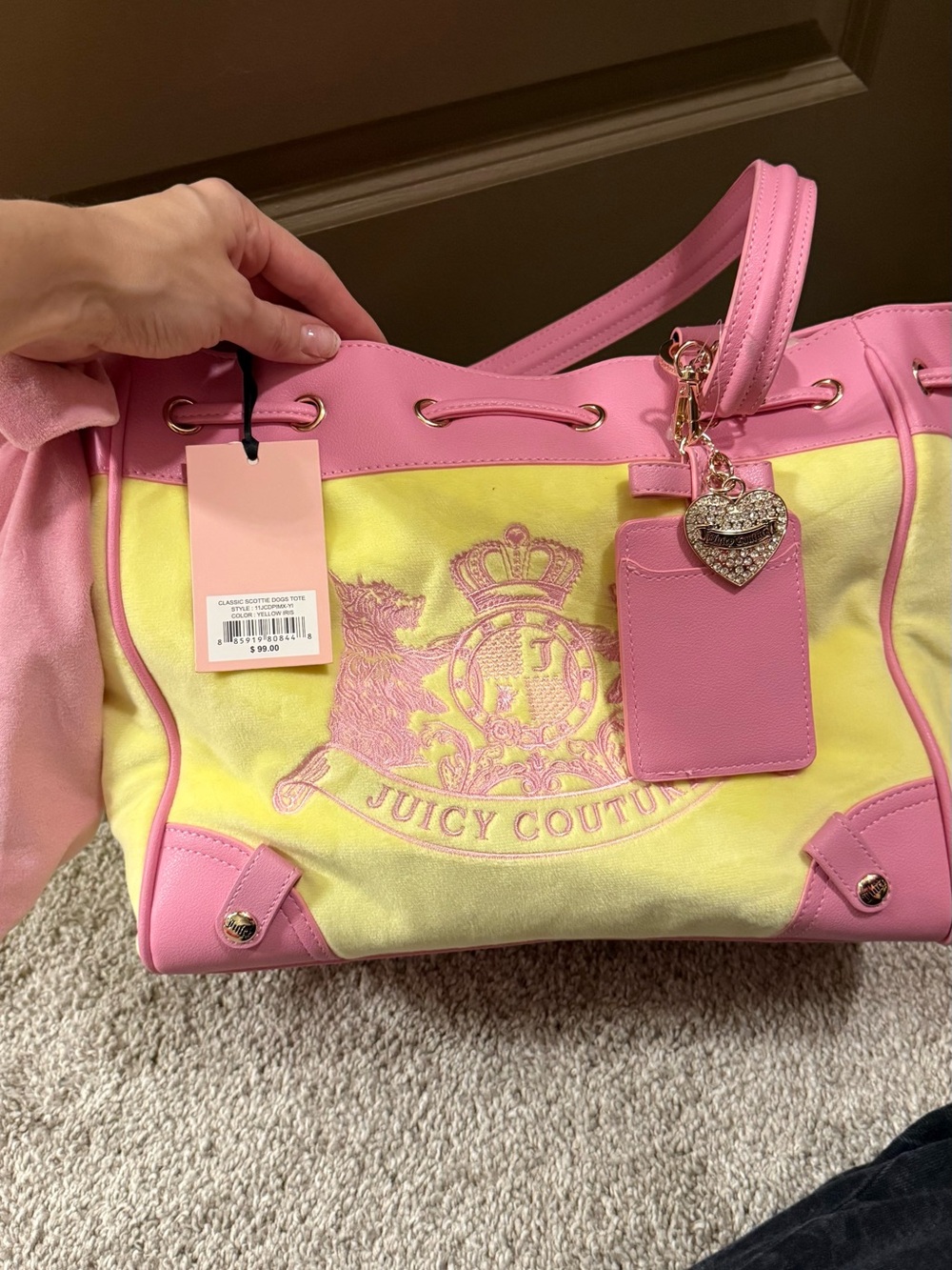 Juicy Couture Pink and Yellow Crest Drawstring Tote with Heart Charm